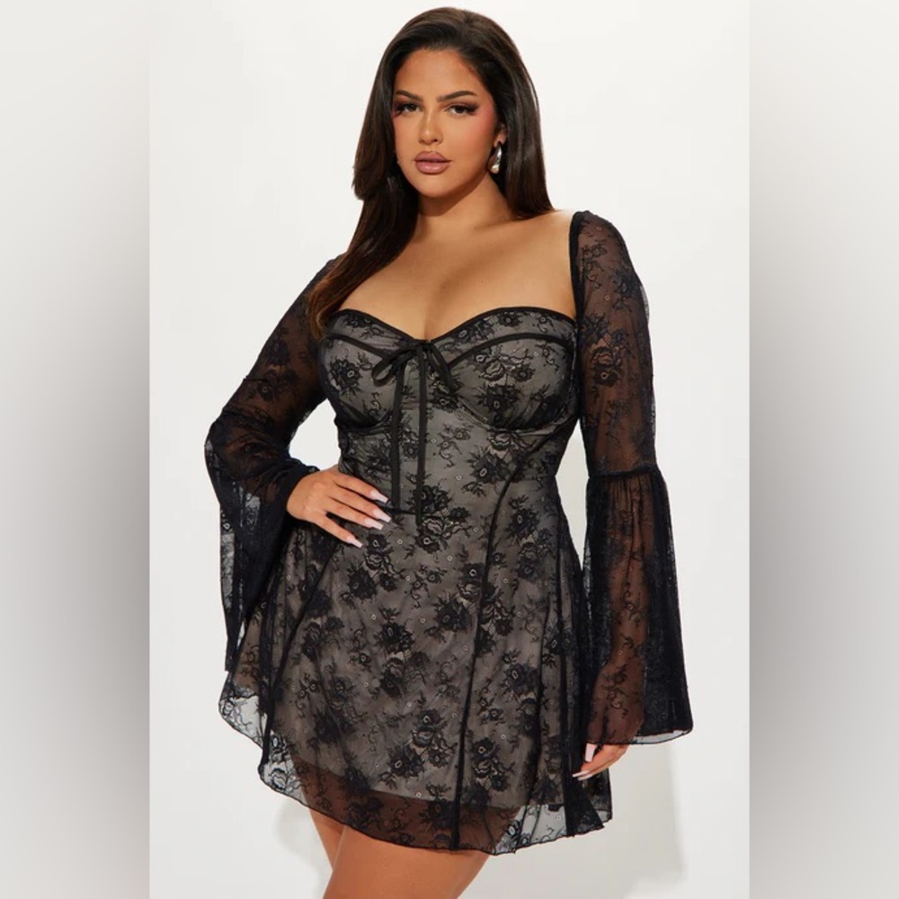 Fashion Nova Black Lace Long Sleeve Dress